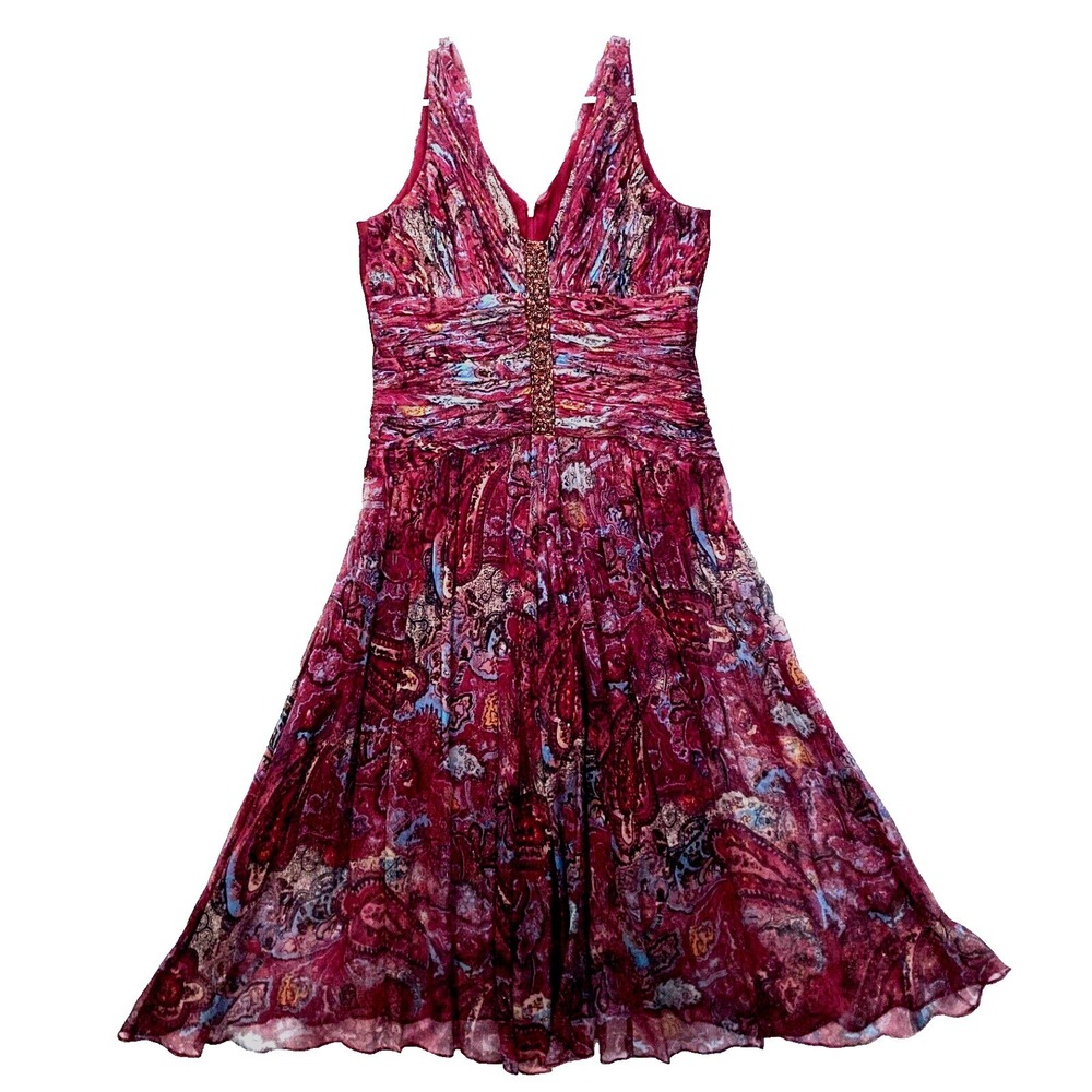 Vtg Suzi Chin Silk Beaded Paisley Chiffon Fairygrunge‎ Midi Dress Women 8 M L